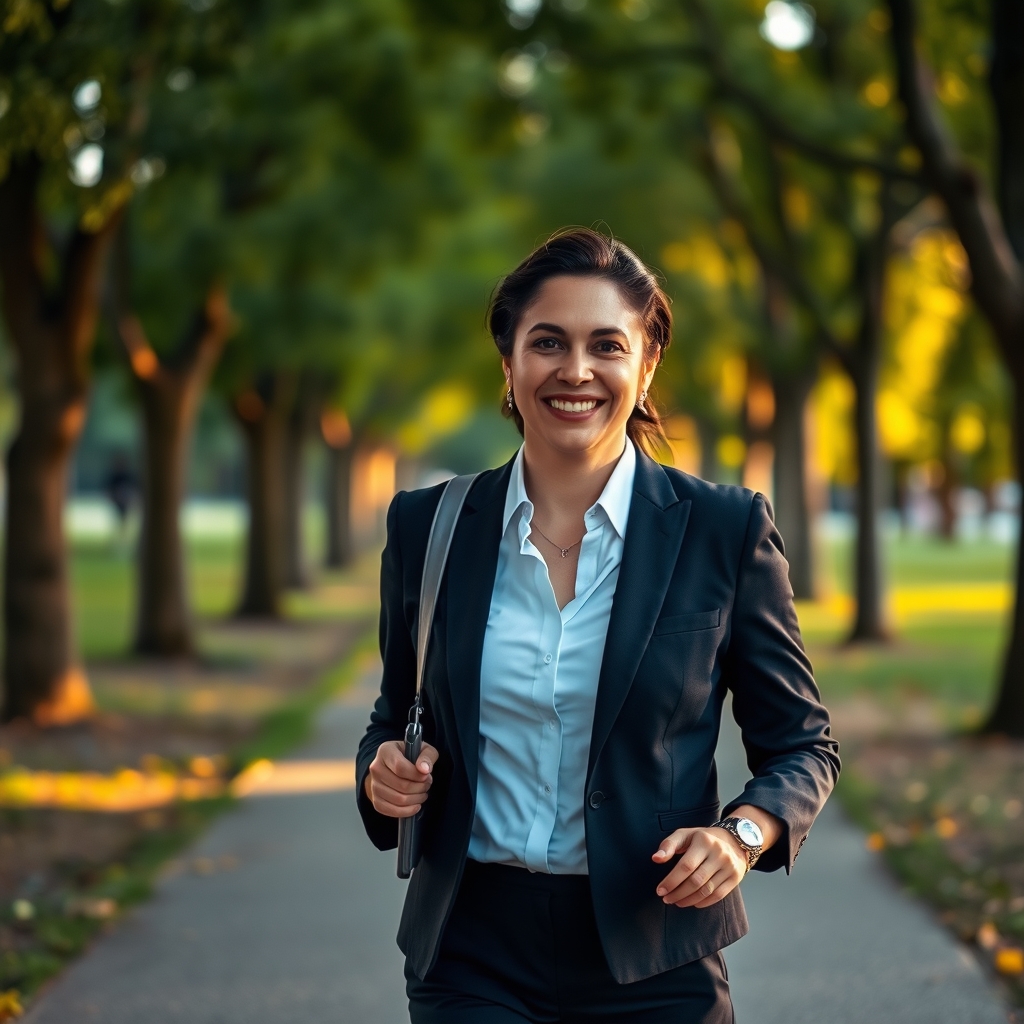 Person walking along a tree-lined path in a park during golden hour